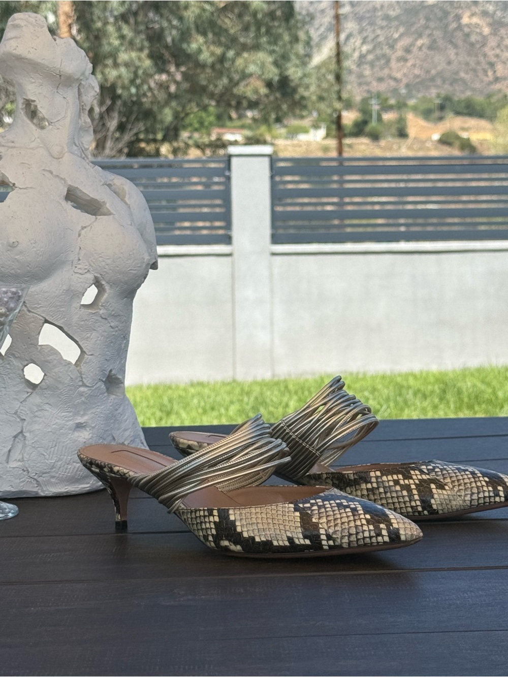 Aquazzura Rendez Vous Python-Print Mules with Kitten Heel — Size 39